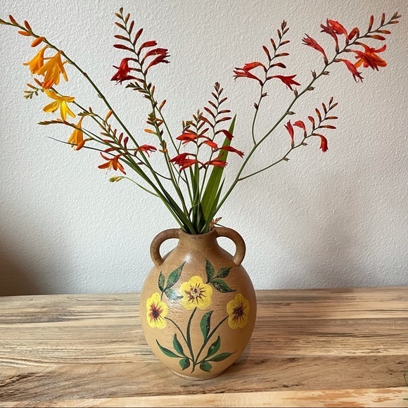 Vintage Tonala Mexican Terracotta and Yellow Floral Pottery Jug Vase - Picture 3 of 8